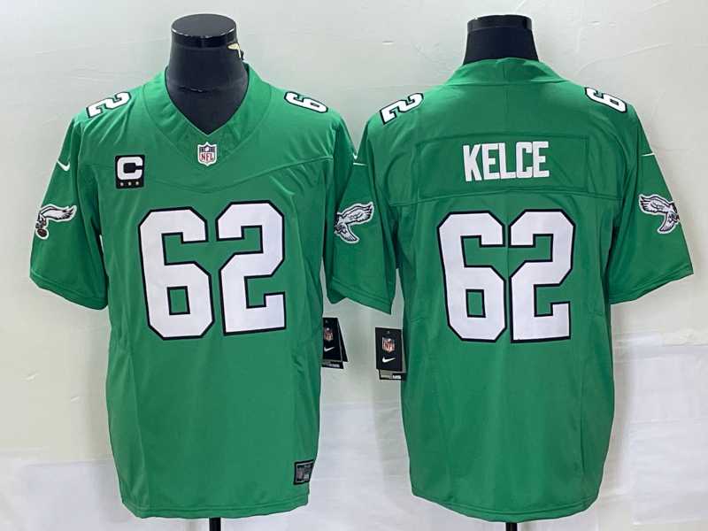 Mens Philadelphia Eagles #62 Jason Kelce Green C Patch 2023 FUSE Vapor Limited Throwback Stitched Jersey